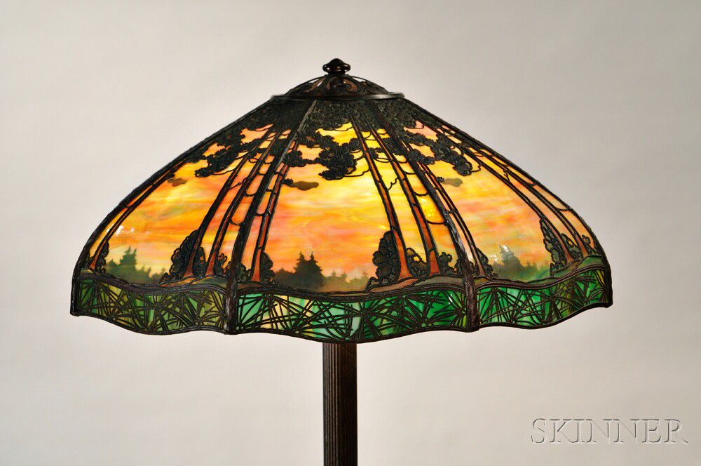 Sold at auction Handel Lamp Co. Floor Lamp with Pine Woods Sunset Shade